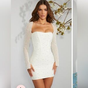 Milan Long Sleeve Embellished Corset Mini Dress in Ivory Size US 6